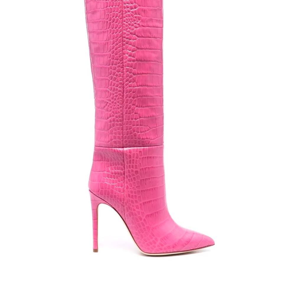Paris Texas Hot Pink Croc-Embossed Knee-High Stiletto Boots